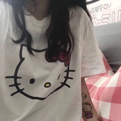 Y2k 2021 Cartoon Print Shirts Woman Girls Summer Animal Cat Short Sleeve Graphic Oversize Harajuku Casual 5 - Hello Kitty Plush