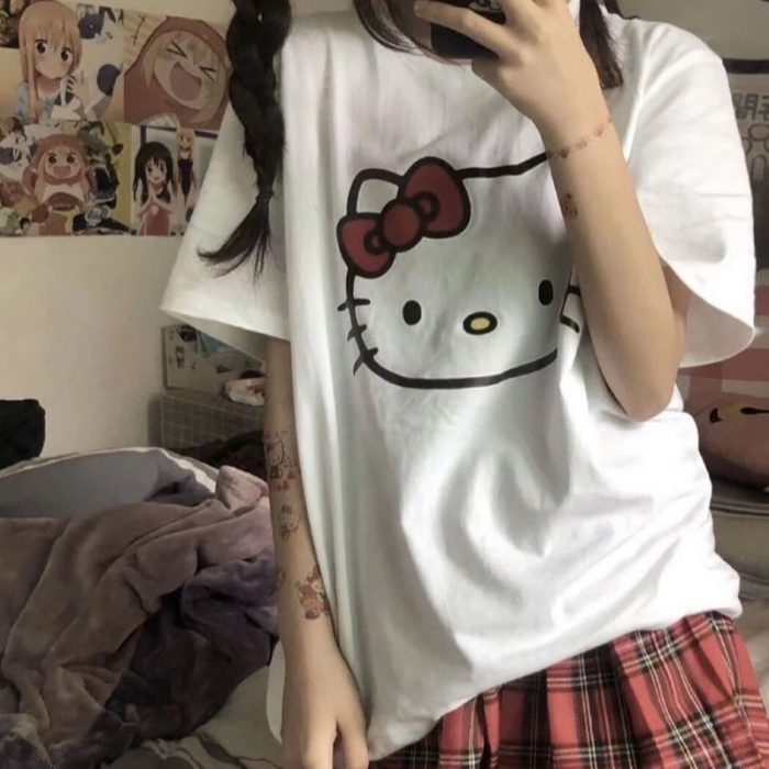 Y2k 2021 Cartoon Print Shirts Woman Girls Summer Animal Cat Short Sleeve Graphic Oversize Harajuku Casual - Hello Kitty Plush