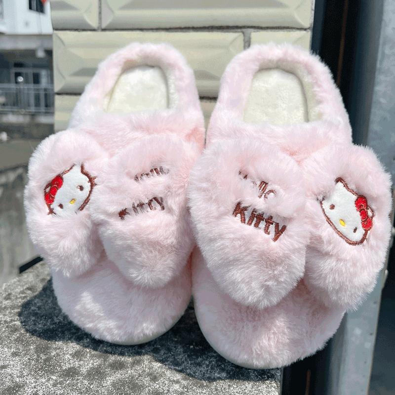Hello Kitty Kawaii Sanrios Cartoon Anime Winter Plush Slippers Home Anti Slip Half Pack Roots Thick - Hello Kitty Plush