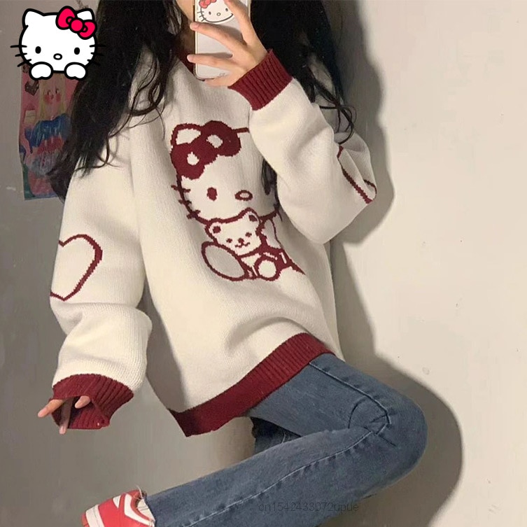 Sanrio Female Autumn Wear Hello Kitty O Neck Pullovers Loose Color Sweater Top Korean Sweater Women - Hello Kitty Plush