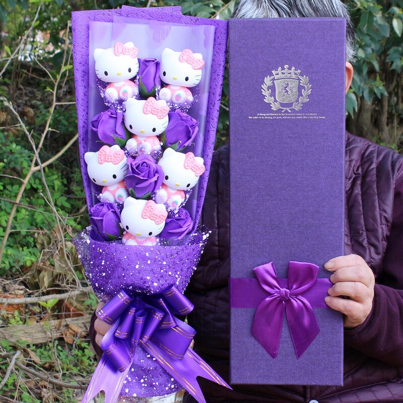 6 Cats Sanrio Anime Hello Kitty Bouquet Plush Stuffed Doll Kawaii Soap Flower Gift Box Rose 2 - Hello Kitty Plush