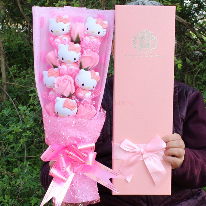6 Cats Sanrio Anime Hello Kitty Bouquet Plush Stuffed Doll Kawaii Soap Flower Gift Box Rose 3 - Hello Kitty Plush