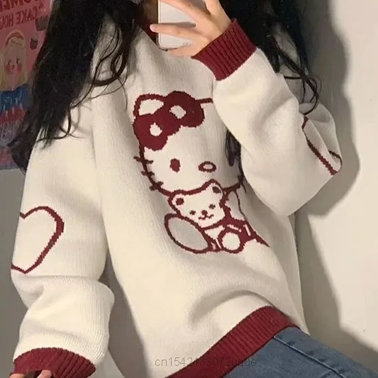 Sanrio Female Autumn Wear Hello Kitty O Neck Pullovers Loose Color Sweater Top Korean Sweater Women 1 - Hello Kitty Plush