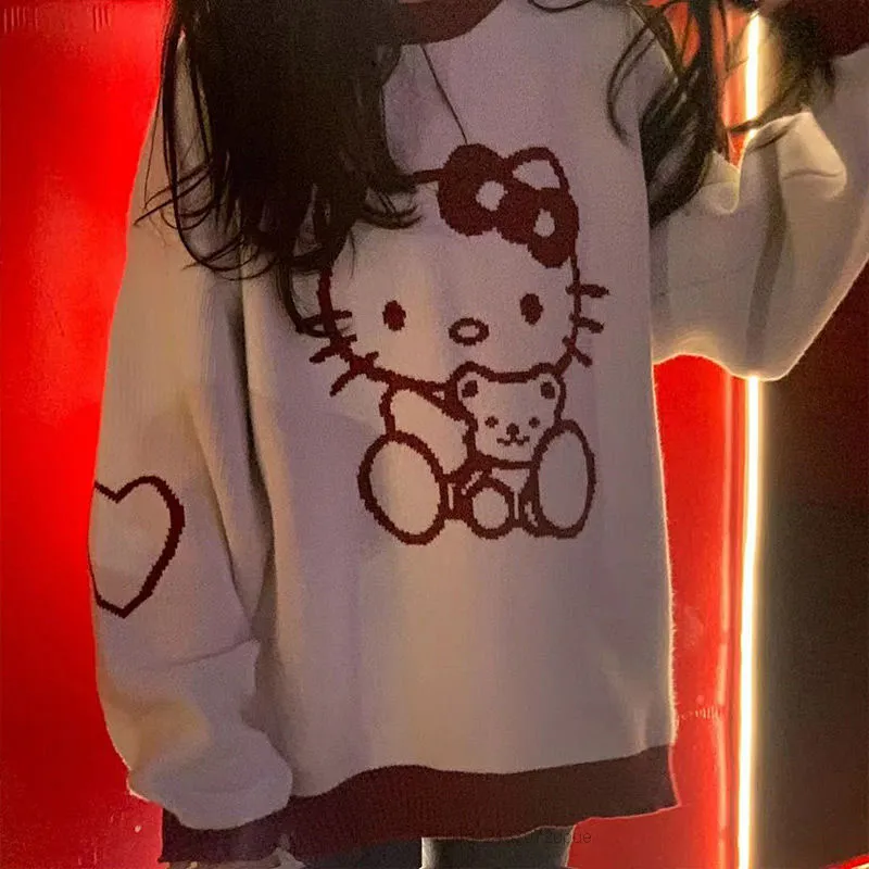 Sanrio Female Autumn Wear Hello Kitty O Neck Pullovers Loose Color Sweater Top Korean Sweater Women 2 - Hello Kitty Plush